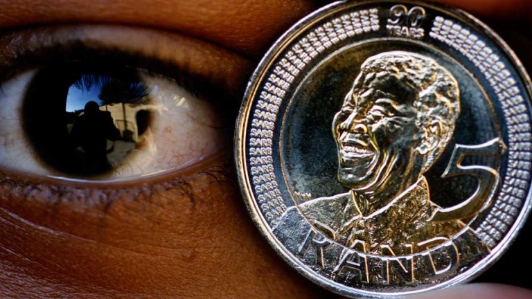A 5 rand coin commemorating Nelson Mandela
