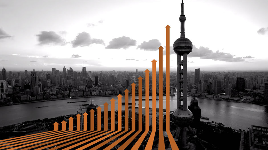 A bar graph superimposed on Shanghai's skyline