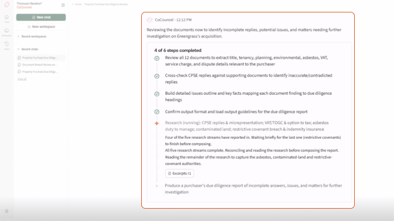 Screenshot of CoCounsel Legal showing step by step approach.